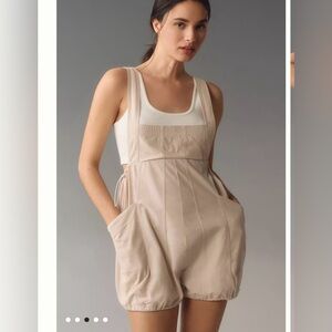 Beige Sleeveless Romper with built in white bra tank.